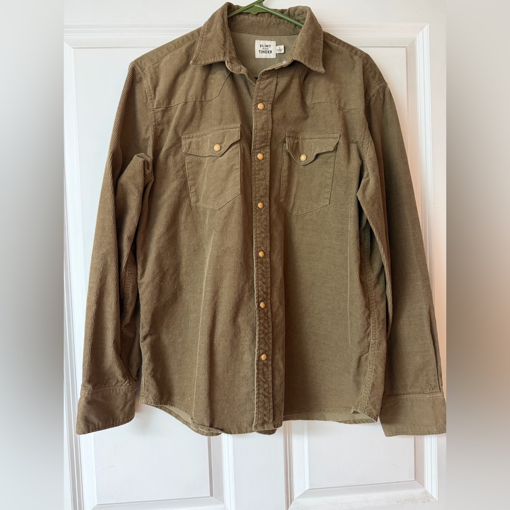 Flint and Tinder Men’s Corduroy Button-Down Shirt Olive Khaki Size L NWOT